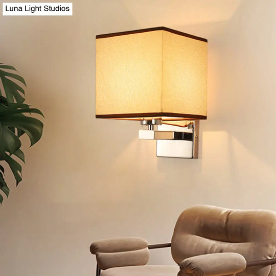 Nordic Style Beige Cube Wall Light - 1 Head Fabric Mounted Fixture For Bedroom