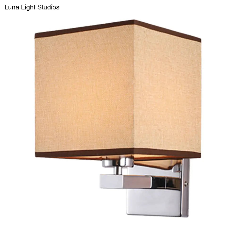 Nordic Style Beige Cube Wall Light - 1 Head Fabric Mounted Fixture For Bedroom