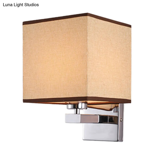 Nordic Style Beige Cube Wall Light - 1 Head Fabric Mounted Fixture For Bedroom