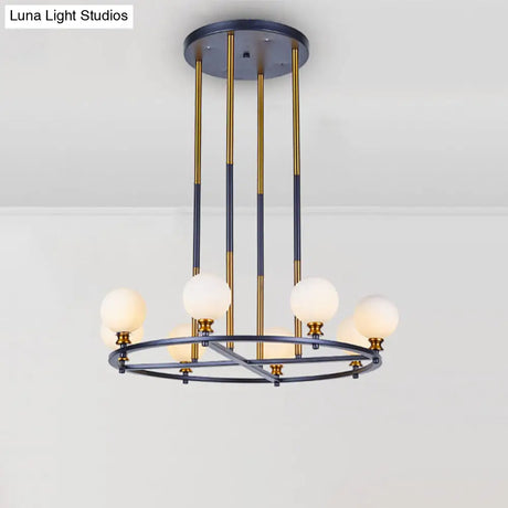 Nordic Style Black-Gold Globe Ceiling Chandelier With Frosted Glass Drop Pendant - 6/8 Lights Ring