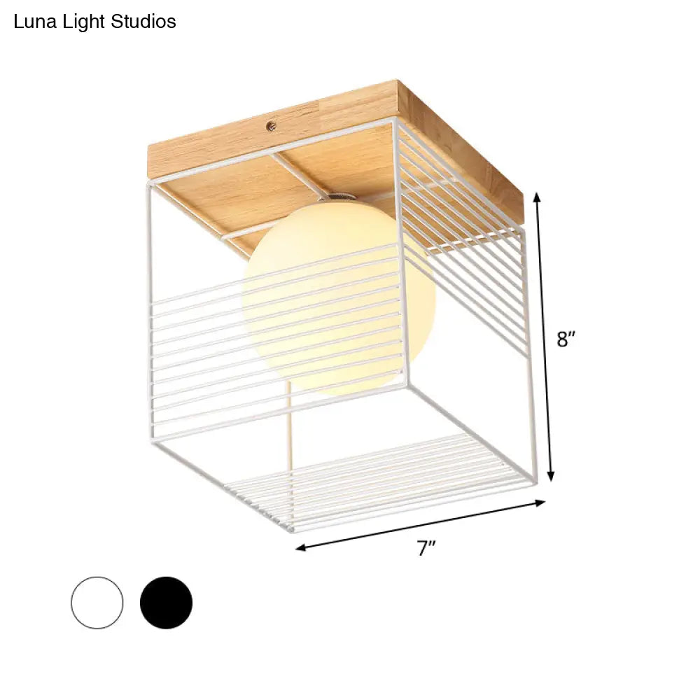 Nordic Style Black/White Cubic Ceiling Lamp With Inner Ball Glass Shade And Wood Canopy