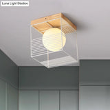 Nordic Style Black/White Cubic Ceiling Lamp With Inner Ball Glass Shade And Wood Canopy
