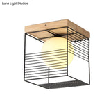 Nordic Style Black/White Cubic Ceiling Lamp With Inner Ball Glass Shade And Wood Canopy
