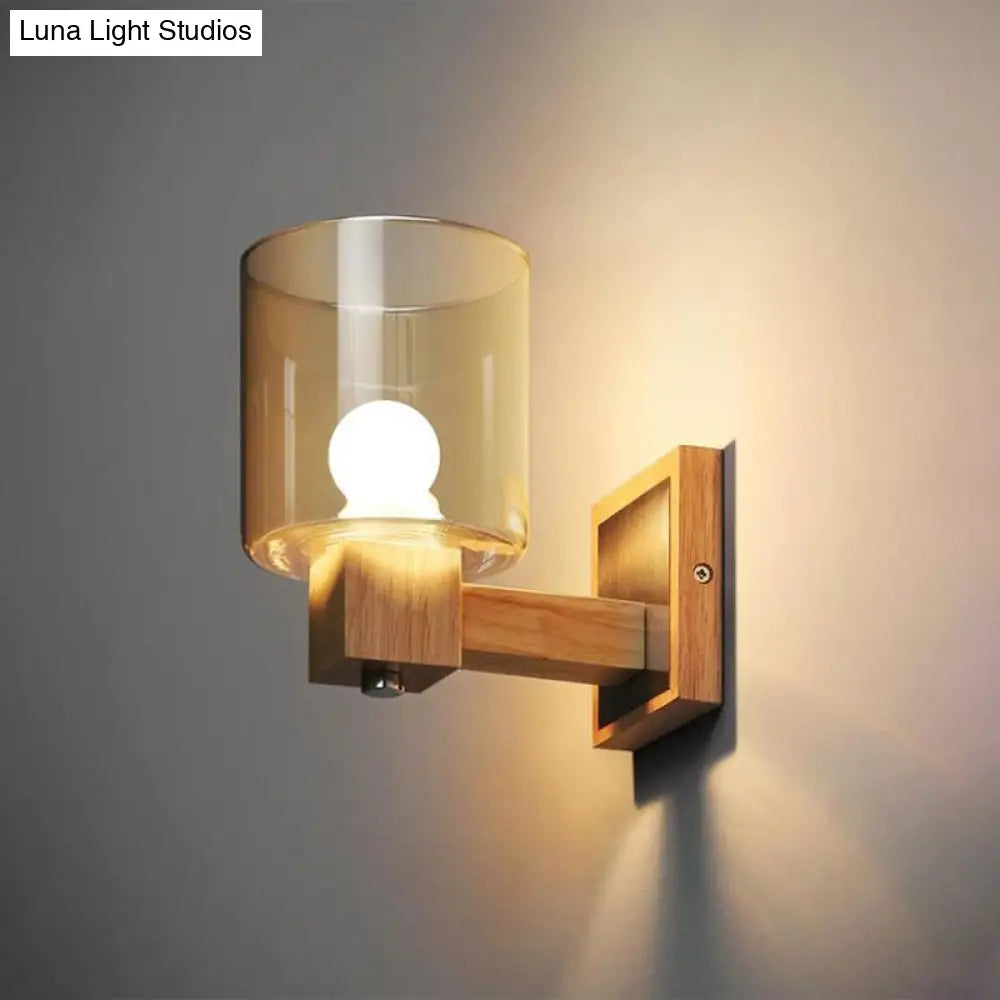 Nordic Style Cognac Glass Wall Sconce Fixture - Minimalist Wood 1-Light Cylinder Light