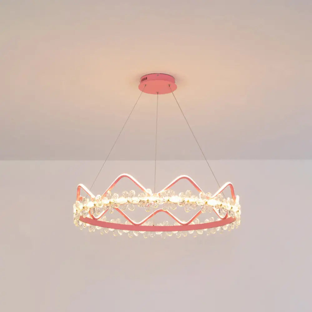 Nordic Style Crystal Pendant Light With 1 Suspended Crown For Living Room Pink / 32.5 Warm