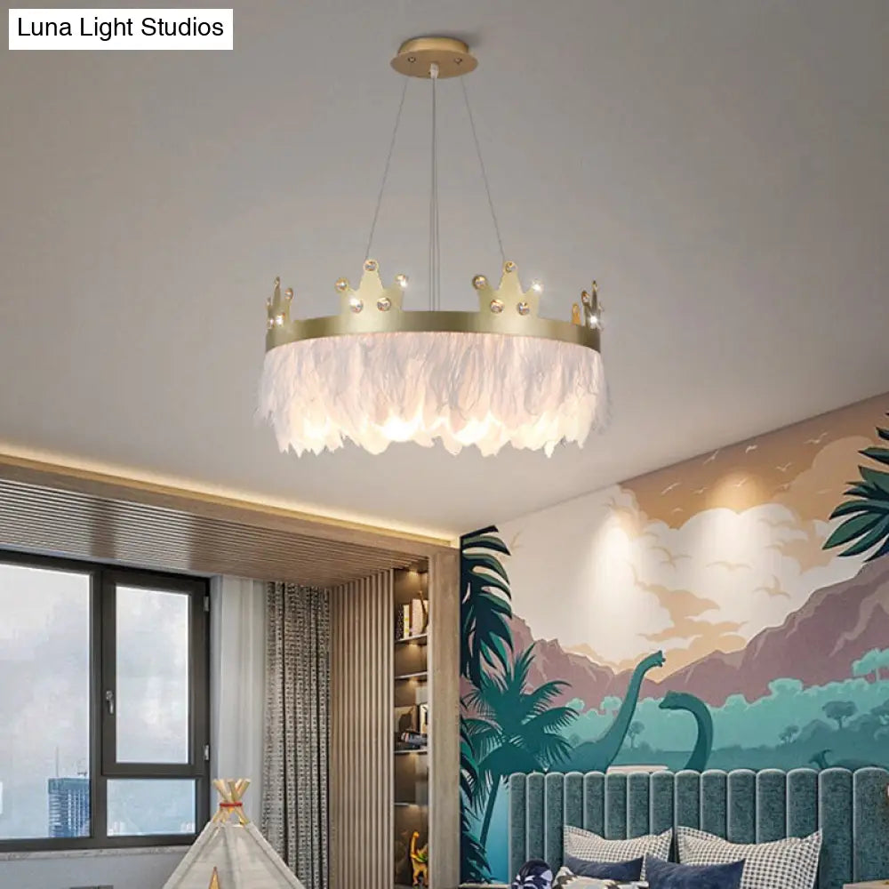 Crown Girls Room Chandelier Feather Light - Nordic Style Hanging Kit Gold / 14