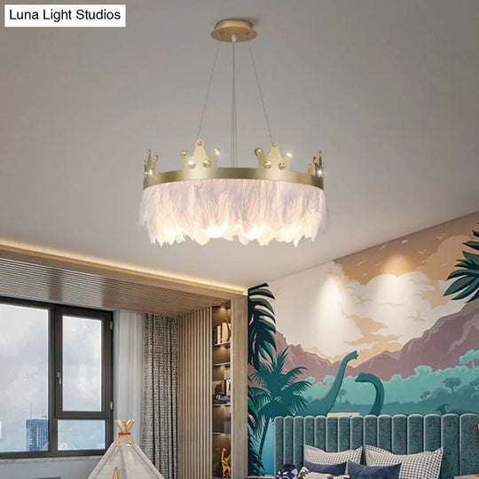 Crown Girls Room Chandelier Feather Light - Nordic Style Hanging Kit Gold / 14
