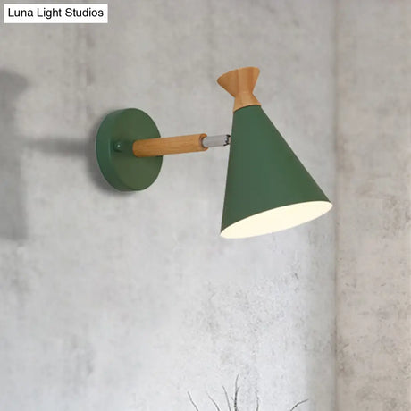Nordic Style Metal Cone Shade Wall Light: 1-Light Rotatable Bedside Reading Lamp In Blue Green Grey