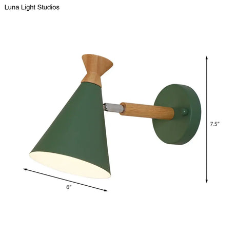 Nordic Style Metal Cone Shade Wall Light: 1-Light Rotatable Bedside Reading Lamp In Blue Green Grey