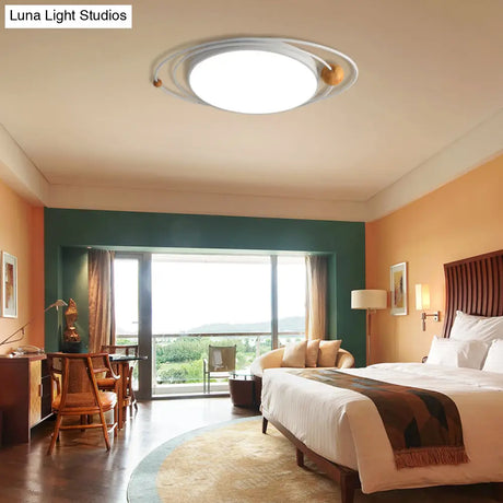 Nordic Style Metal Led Flush Ceiling Light - Drum Lamp With Orbit Design In Green/Grey/White