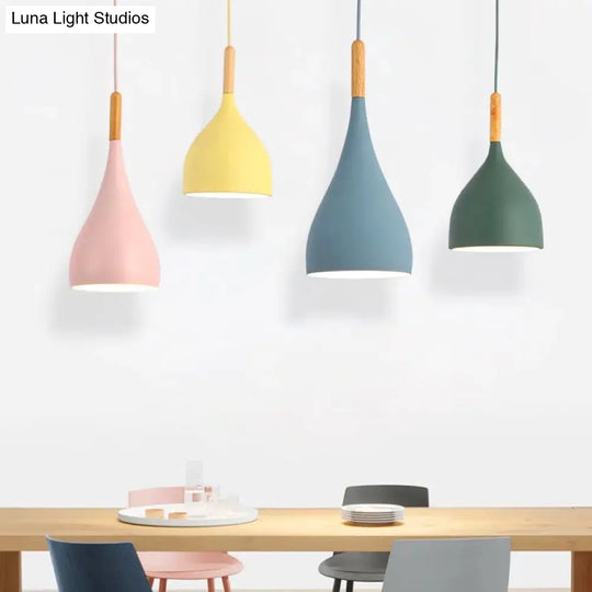 Nordic Style Metal Teardrop Hanging Light - 1 Ceiling Pendant Lamp With Wooden Top