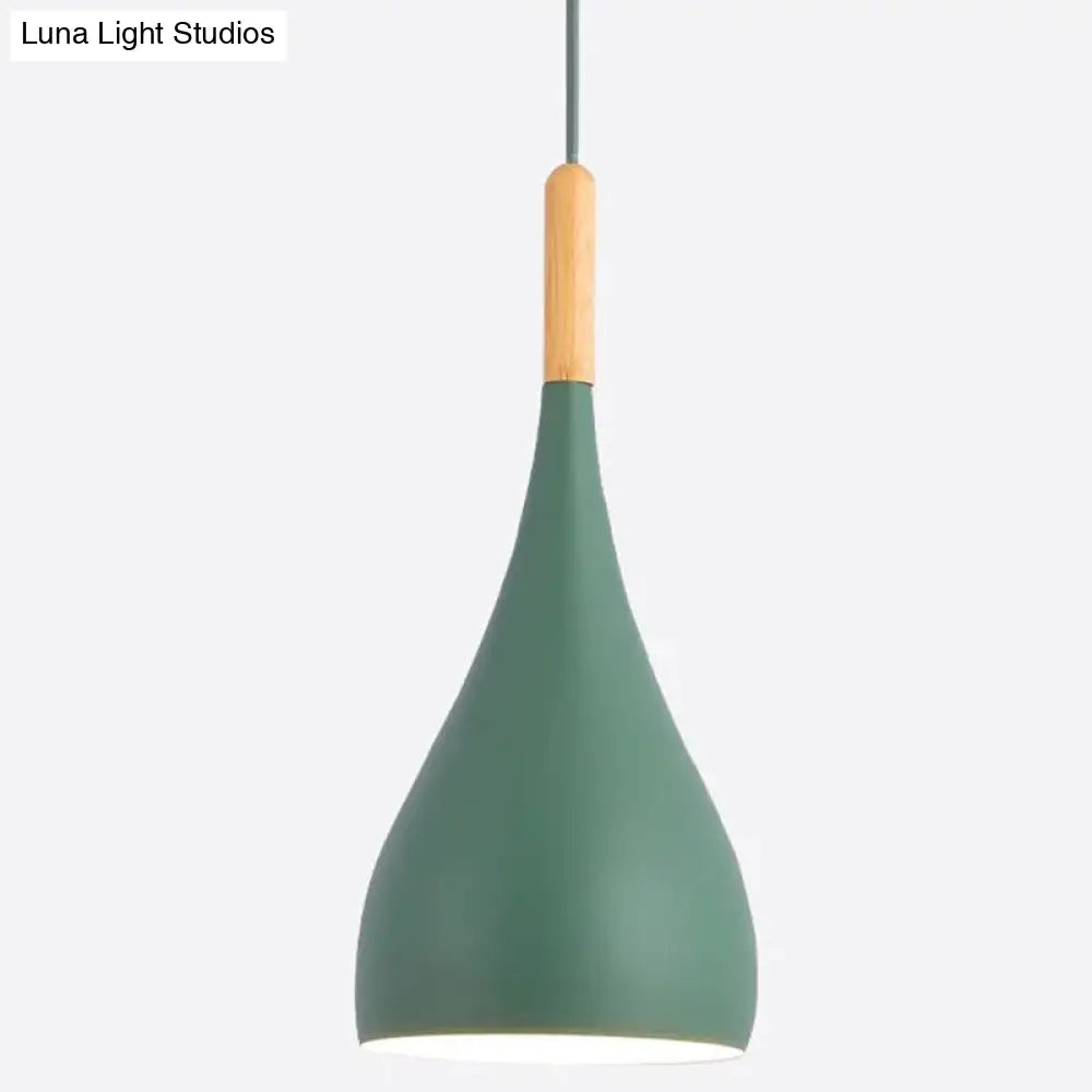 Nordic Style Metal Teardrop Hanging Light - 1 Ceiling Pendant Lamp With Wooden Top Green / 6.5