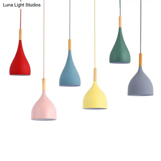 Nordic Style Metal Teardrop Hanging Light - 1 Ceiling Pendant Lamp With Wooden Top