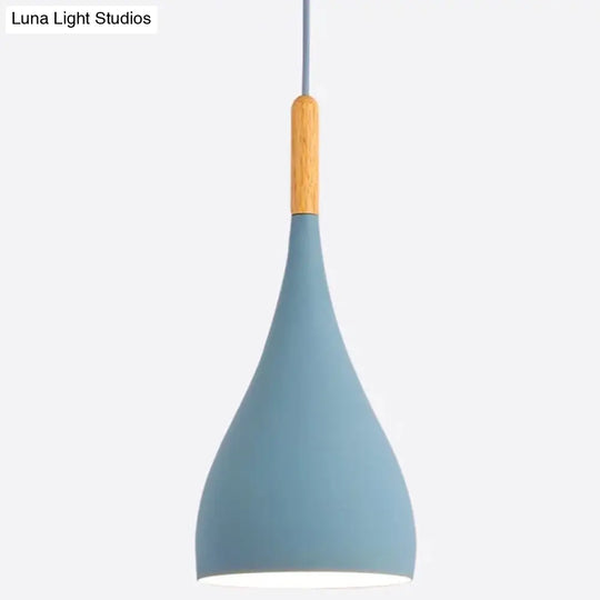 Nordic Style Metal Teardrop Hanging Light - 1 Ceiling Pendant Lamp With Wooden Top Blue / 6.5
