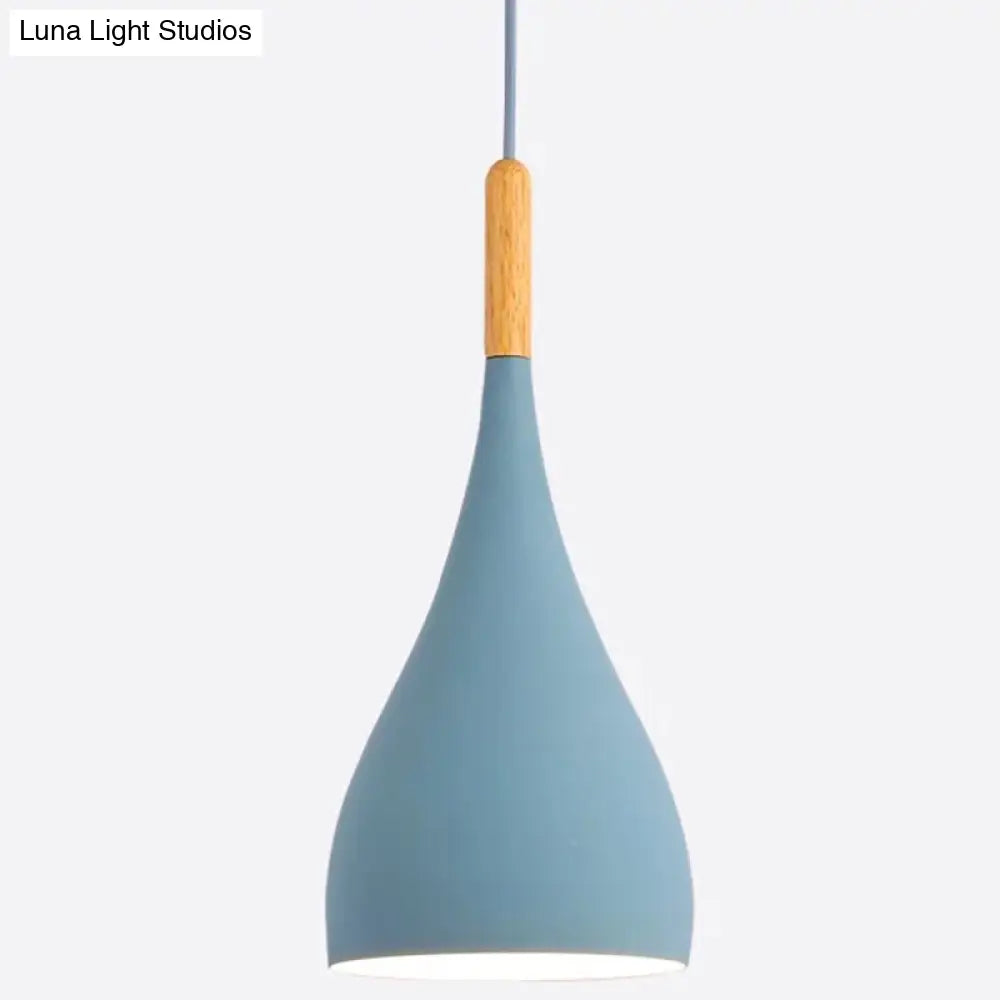 Nordic Style Metal Teardrop Hanging Light With Wooden Top - 1 Pendant Lamp For Restaurants Blue /