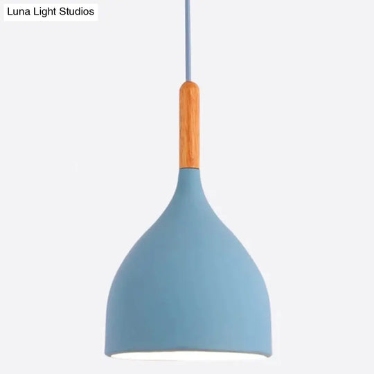 Nordic Style Metal Teardrop Hanging Light With Wooden Top - 1 Pendant Lamp For Restaurants Blue / 7’