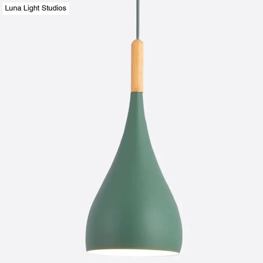 Nordic Style Metal Teardrop Hanging Light With Wooden Top - 1 Pendant Lamp For Restaurants Green /