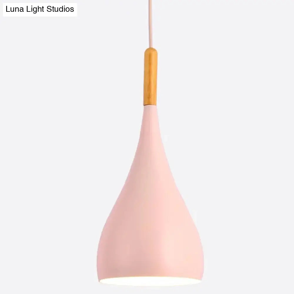 Nordic Style Metal Teardrop Hanging Light With Wooden Top - 1 Pendant Lamp For Restaurants Pink /