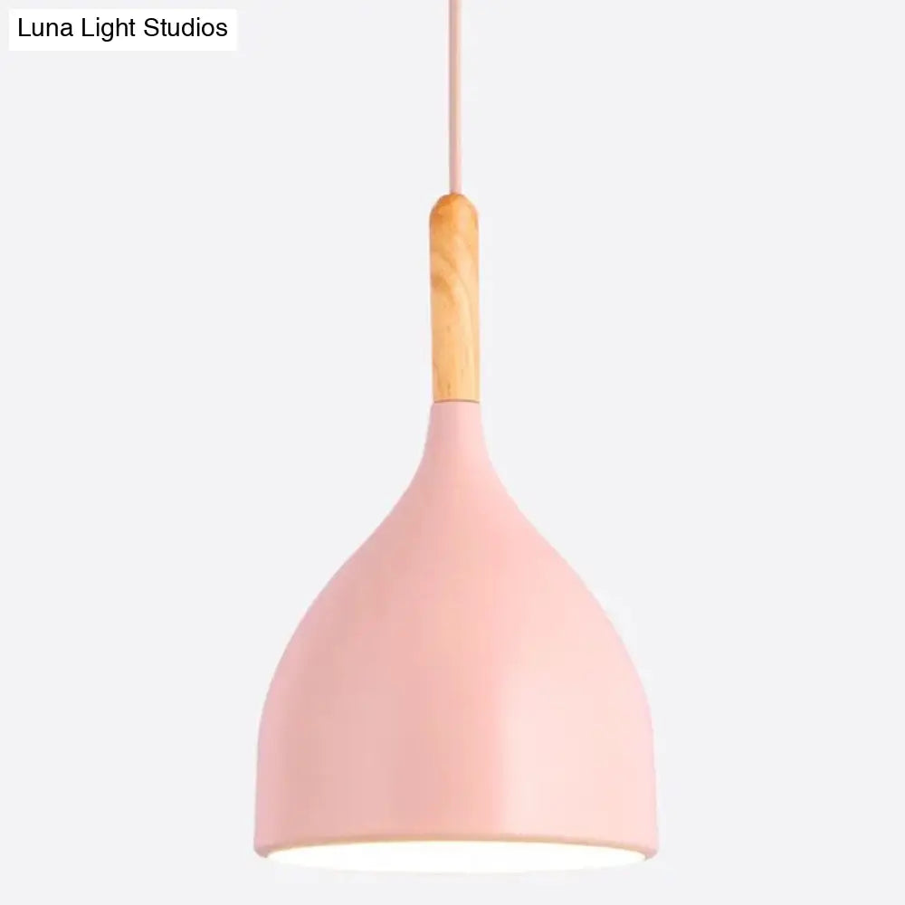 Nordic Style Metal Teardrop Hanging Light With Wooden Top - 1 Pendant Lamp For Restaurants Pink / 7’