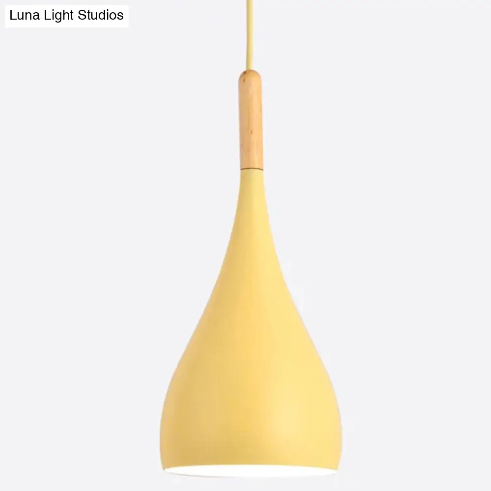 Nordic Style Metal Teardrop Hanging Light With Wooden Top - 1 Pendant Lamp For Restaurants Yellow /