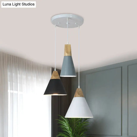 Nordic Style Metal & Wood Hanging Pendant Light With 3 Multi-Colored Bulbs