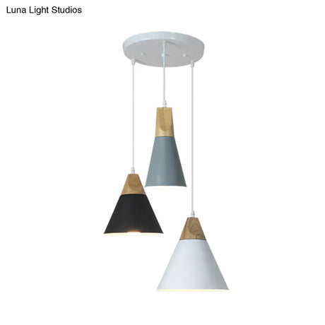 Nordic Style Metal & Wood Hanging Pendant Light With 3 Multi-Colored Bulbs