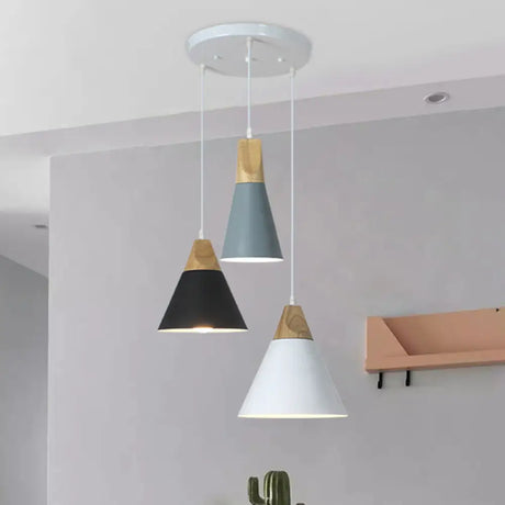 Nordic Style Metal & Wood Hanging Pendant Light With 3 Multi-Colored Bulbs Black Gray-White / Round