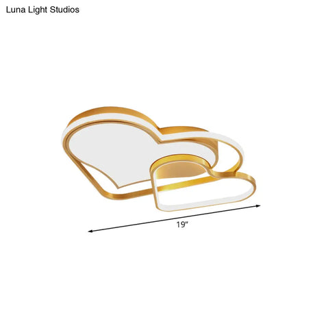 Nordic Style Metallic Led Gold Flush Mount Lamp With Dual Loving Heart Design