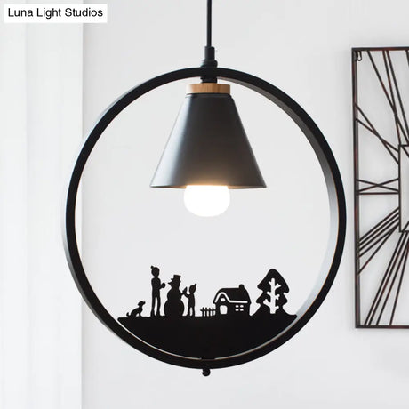 Nordic Style Pendant Lamp With Iron Cone Shade & Paper Cutting Decoration- Black/White 1 Bulb