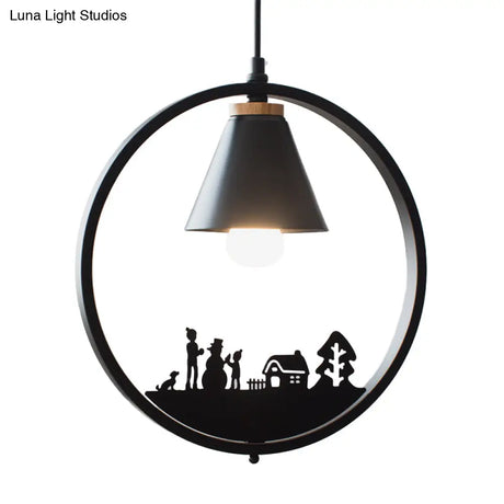 Nordic Style Pendant Lamp With Iron Cone Shade & Paper Cutting Decoration- Black/White 1 Bulb