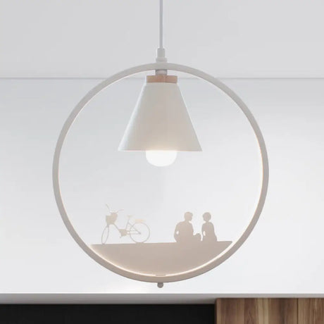 Nordic Style Pendant Lamp With Iron Cone Shade & Paper Cutting Decoration- Black/White 1 Bulb White