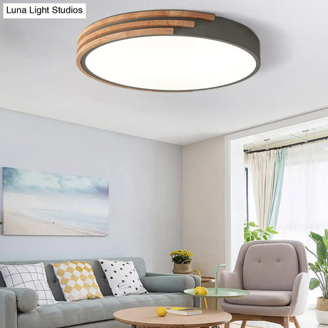 Nordic Style Round Flush Mount Ceiling Light - Wood & Acrylic Fixture In Grey/White/Green 16 Width