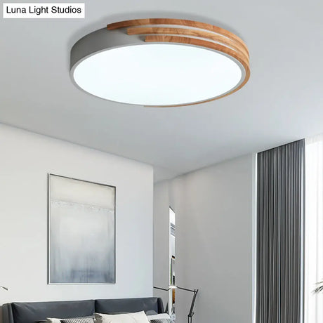 Nordic Style Round Flush Mount Ceiling Light - Wood & Acrylic Fixture In Grey/White/Green 16’ Width
