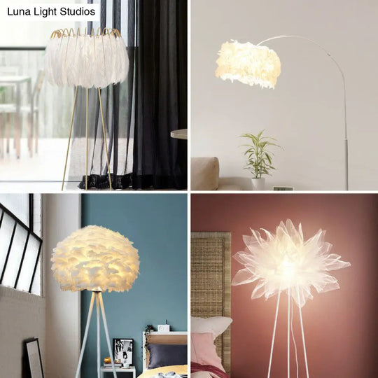Nordic Style Tripod Floor Lamp With Feather Shade Metal Stand White