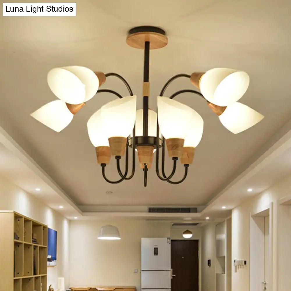 Nordic Style Tulip Chandelier With Cream Glass And Wooden Accent