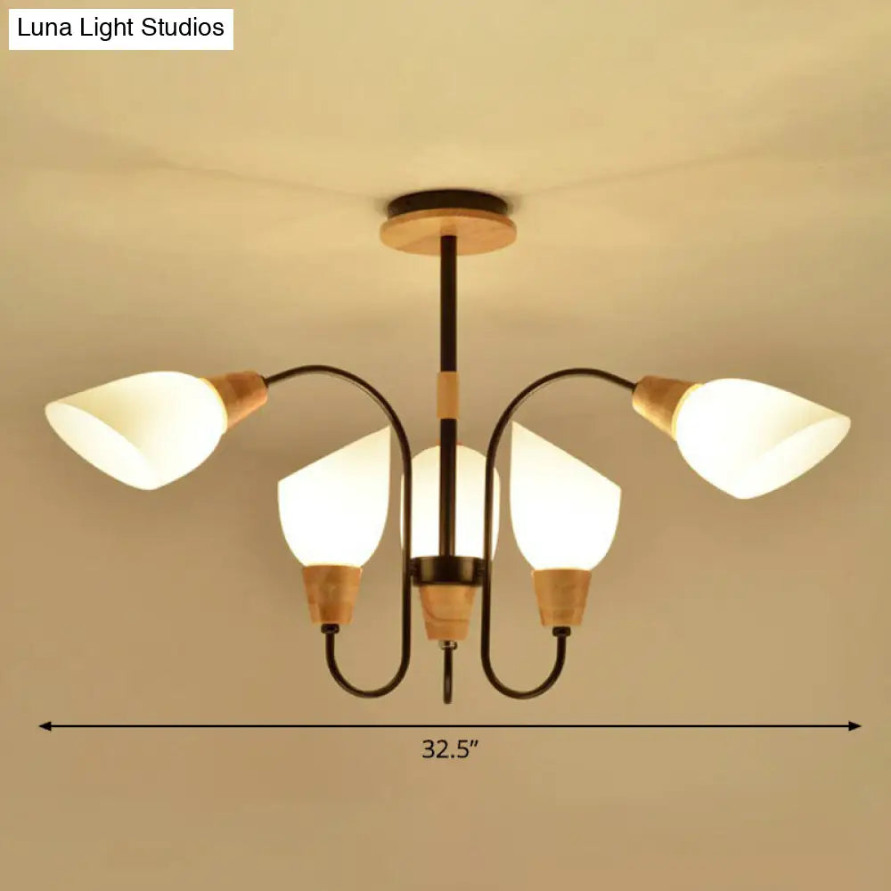 Nordic Style Tulip Chandelier - Cream Glass Pendant Light In Black & Wood 6 /