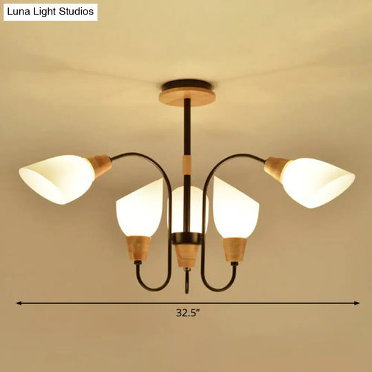 Nordic Style Tulip Chandelier - Cream Glass Pendant Light In Black & Wood 6 /