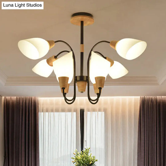 Nordic Style Tulip Chandelier - Cream Glass Pendant Light In Black & Wood