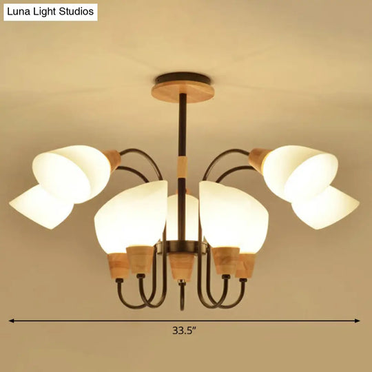 Nordic Style Tulip Chandelier - Cream Glass Pendant Light In Black & Wood 8 /