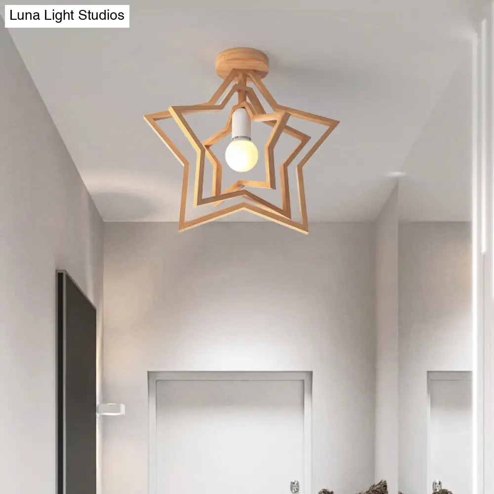 Nordic Style Wood Geometric Cage Flush Ceiling Light Fixture For Corridors
