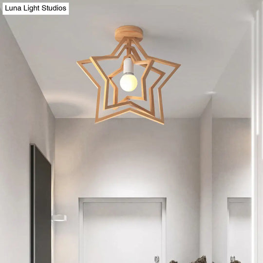 Nordic Style Wood Geometric Cage Flush Ceiling Light Fixture For Corridors