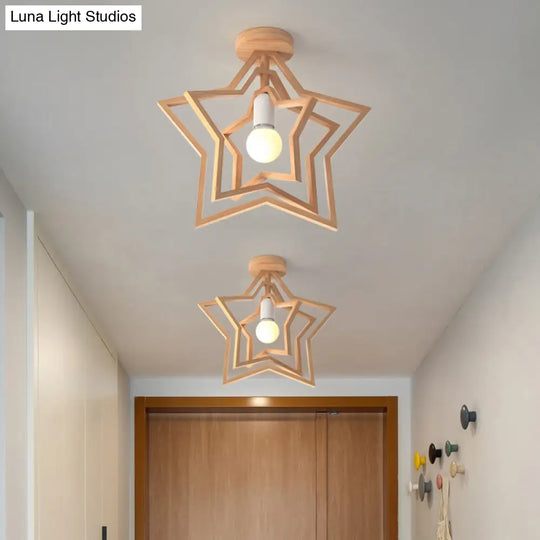 Nordic Style Wood Geometric Cage Flush Ceiling Light Fixture For Corridors