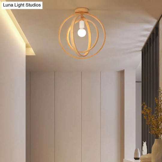 Nordic Style Wood Geometric Cage Flush Ceiling Light Fixture For Corridors