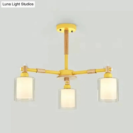 Nordic Style Wood & Glass Cylinder Chandelier With 3 Heads - Ideal Hanging Light For Hallway Or Kids