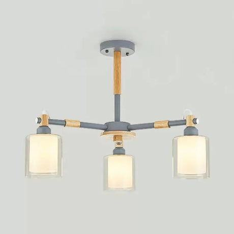 Nordic Style Wood & Glass Cylinder Chandelier With 3 Heads - Ideal Hanging Light For Hallway Or Kids