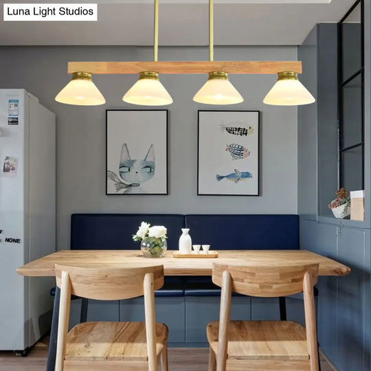 Nordic Style Wooden Cone Shade Chandelier - 3/4 Heads Linear Pendant Light For Kitchen Island 4 /