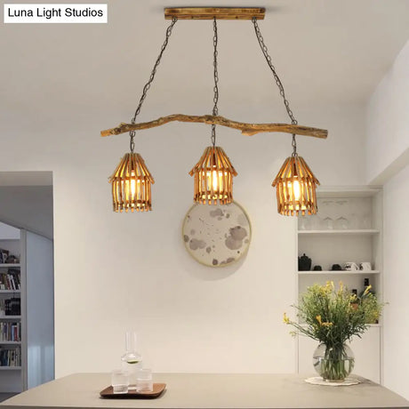 Nordic Style Wooden House Pendant Light With 3 Heads - Ideal For Dining Room