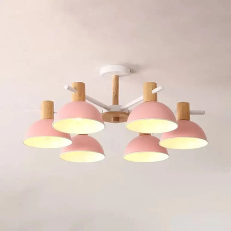 Nordic Stylish Chandelier With Domed Metal Shade - 6 Heads Office Hanging Lamp Pink