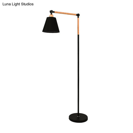 Nordic Swing Arm Wood Floor Reading Lamp With Cone Fabric Shade - Black/White