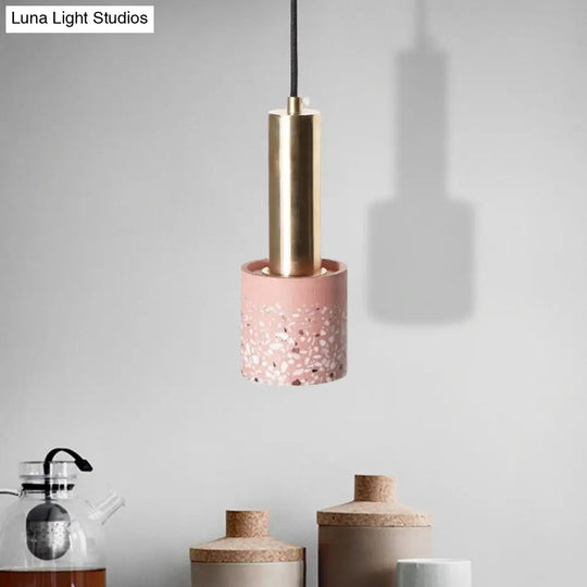 Nordic Terrazzo 1-Light Cylinder Hanging Light For Bedroom Ceiling - White/Black/Pink With Tube